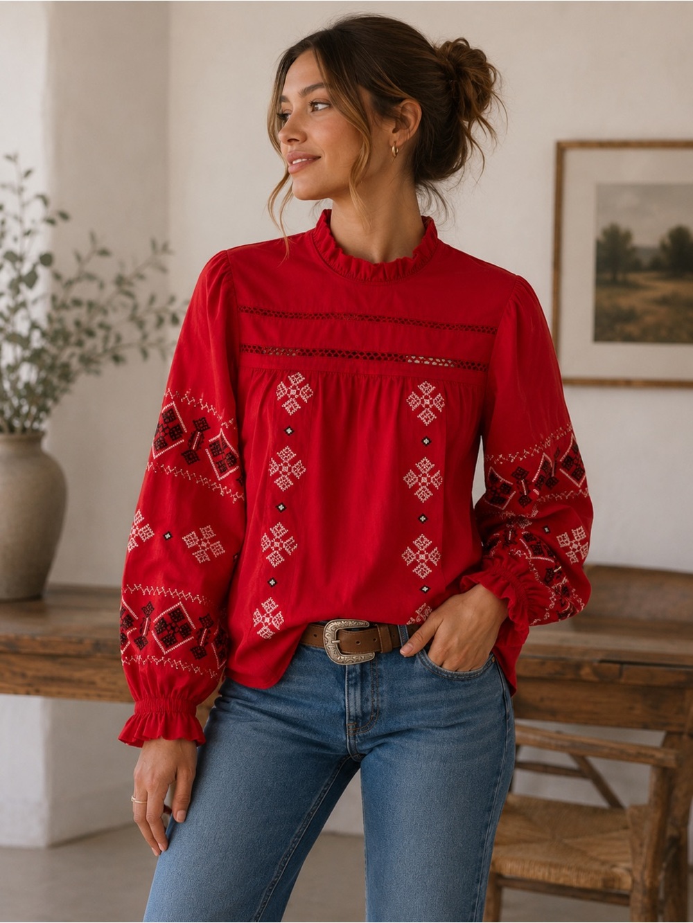 BBWM Red Embroidered Blouse Top Size L Floral Festival Cottagecore Romantic